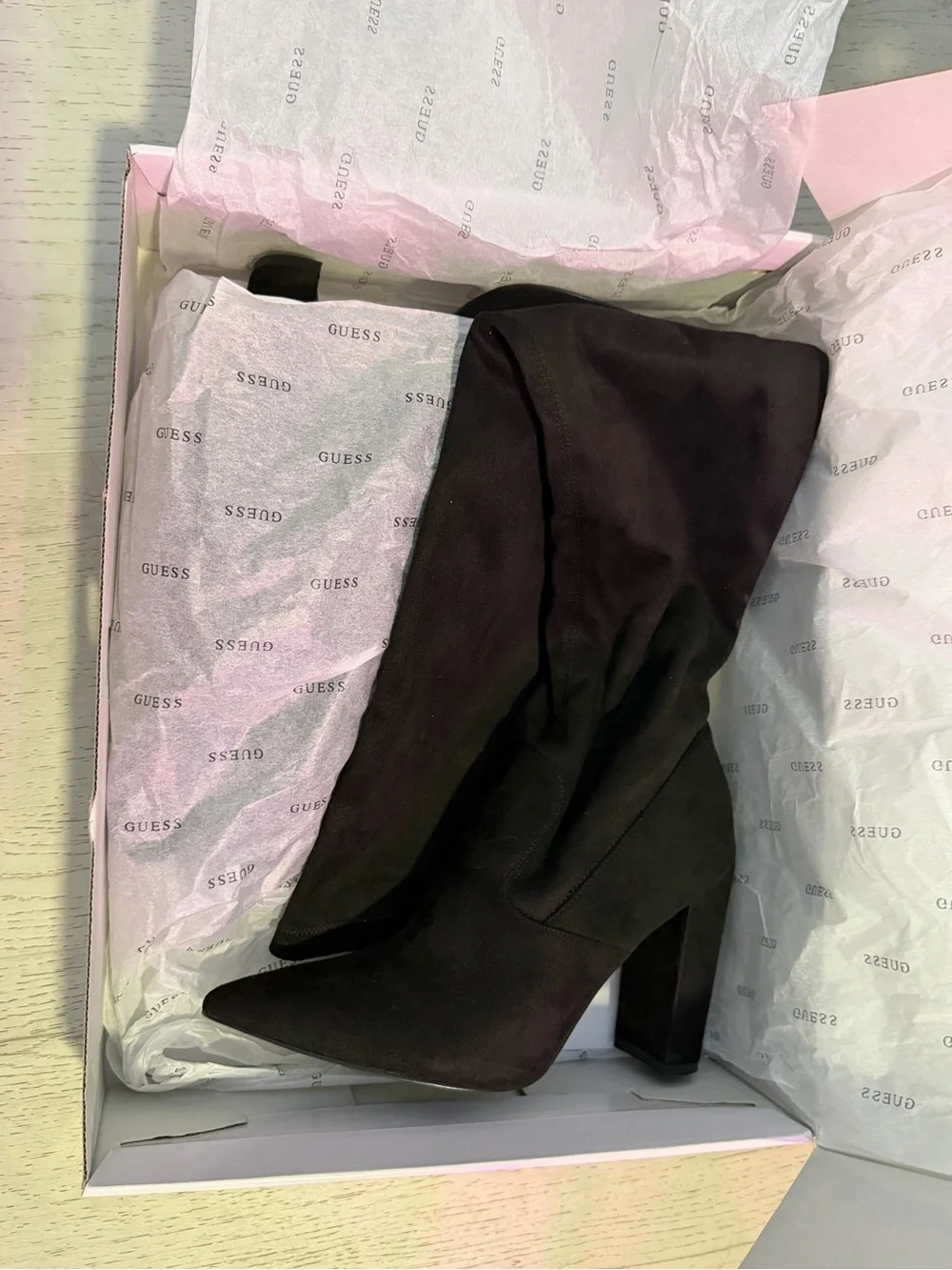 Over-the-Knee Black Suede Block Heel Boots - Women Guess